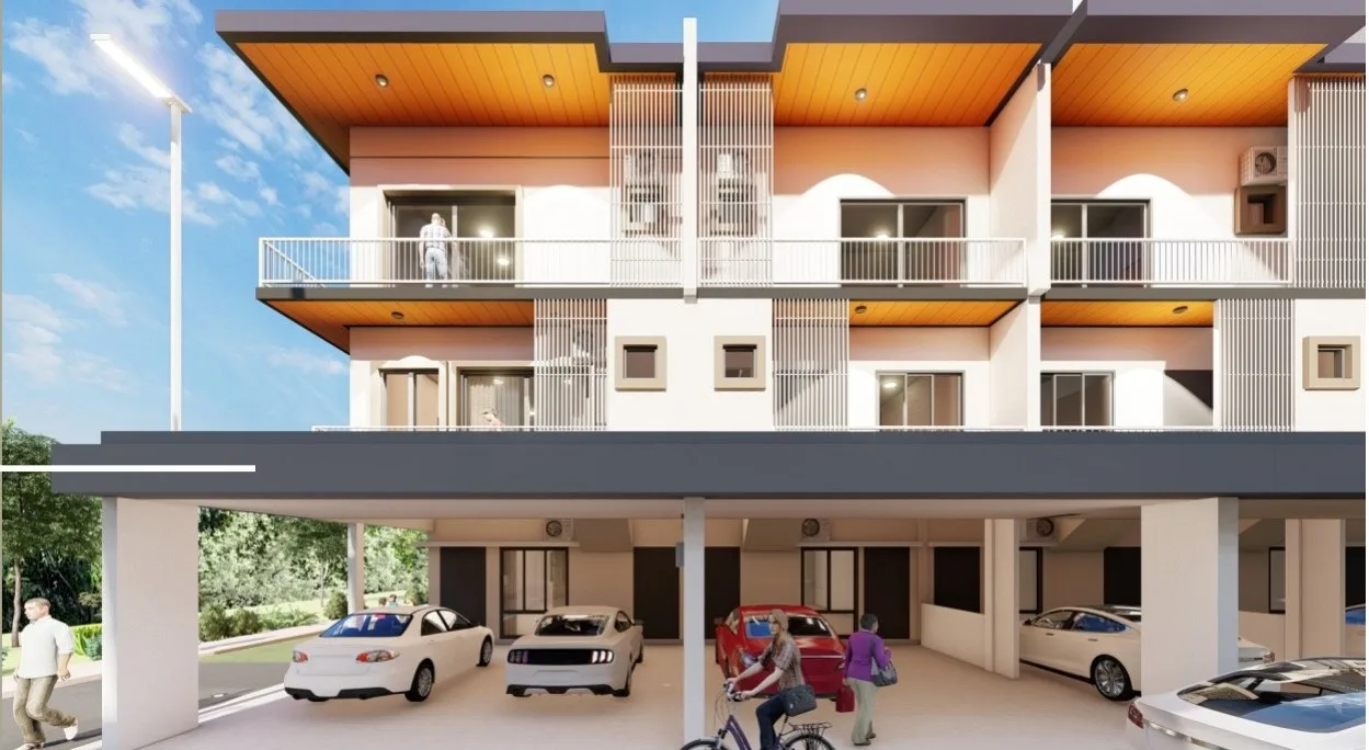 Front view (artist’s impression): car porches at ground level, from the developer’s brochure at Taman Kibabaig Hills, Penampang, Sabah