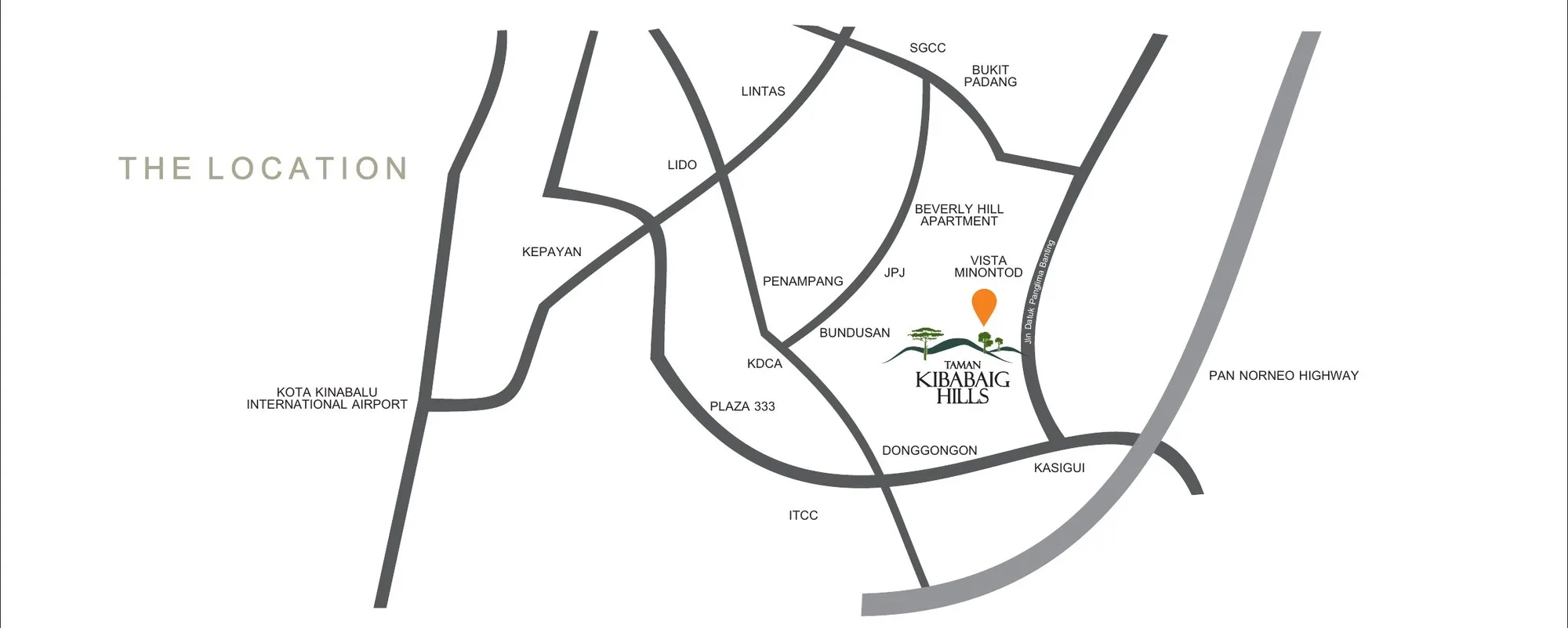 Developer location map: Donggongon, Kasigui, Bundusan and the Pan Borneo Highway at Taman Kibabaig Hills, Penampang, Sabah