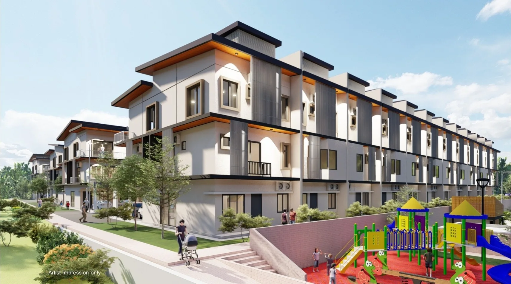 Artist’s impression: the townhouse row with the children’s playground, from the developer’s brochure at Taman Kibabaig Hills, Penampang, Sabah