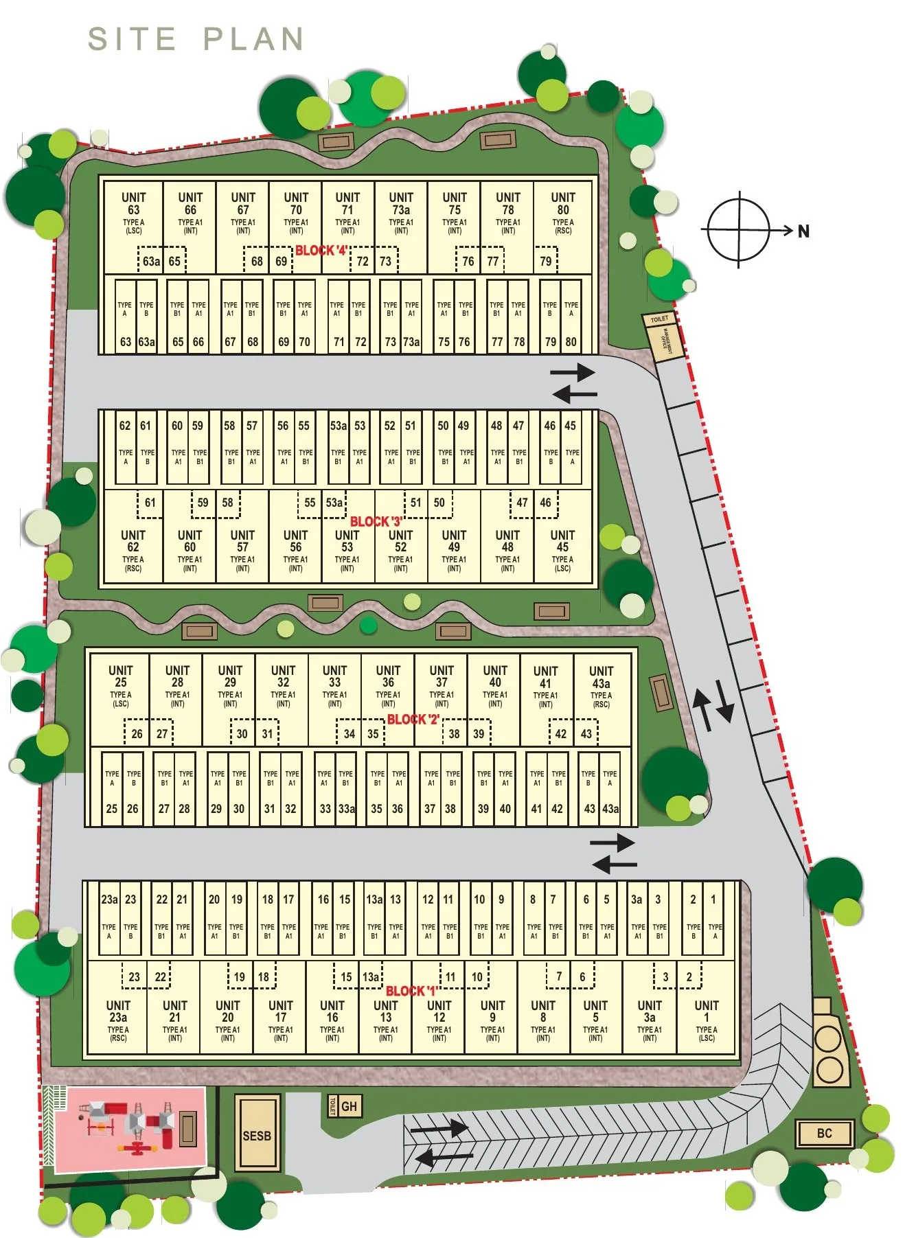Site plan: 80 units in four blocks, with the playground, guard house and visitor parking, from the developer’s brochure at Taman Kibabaig Hills, Penampang, Sabah