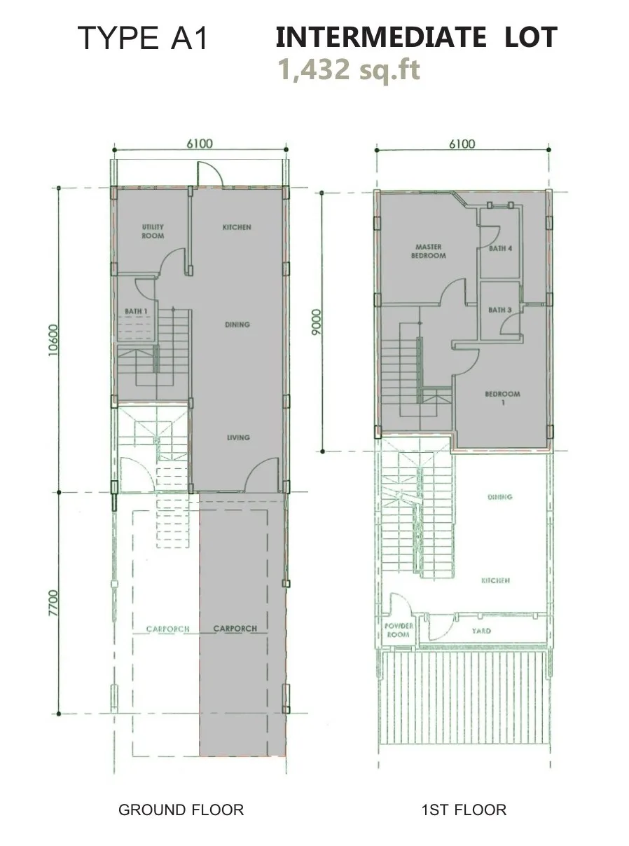Type A1 intermediate lower unit floor plan, 1,432 sq ft, ground and first floor at Taman Kibabaig Hills, Penampang, Sabah