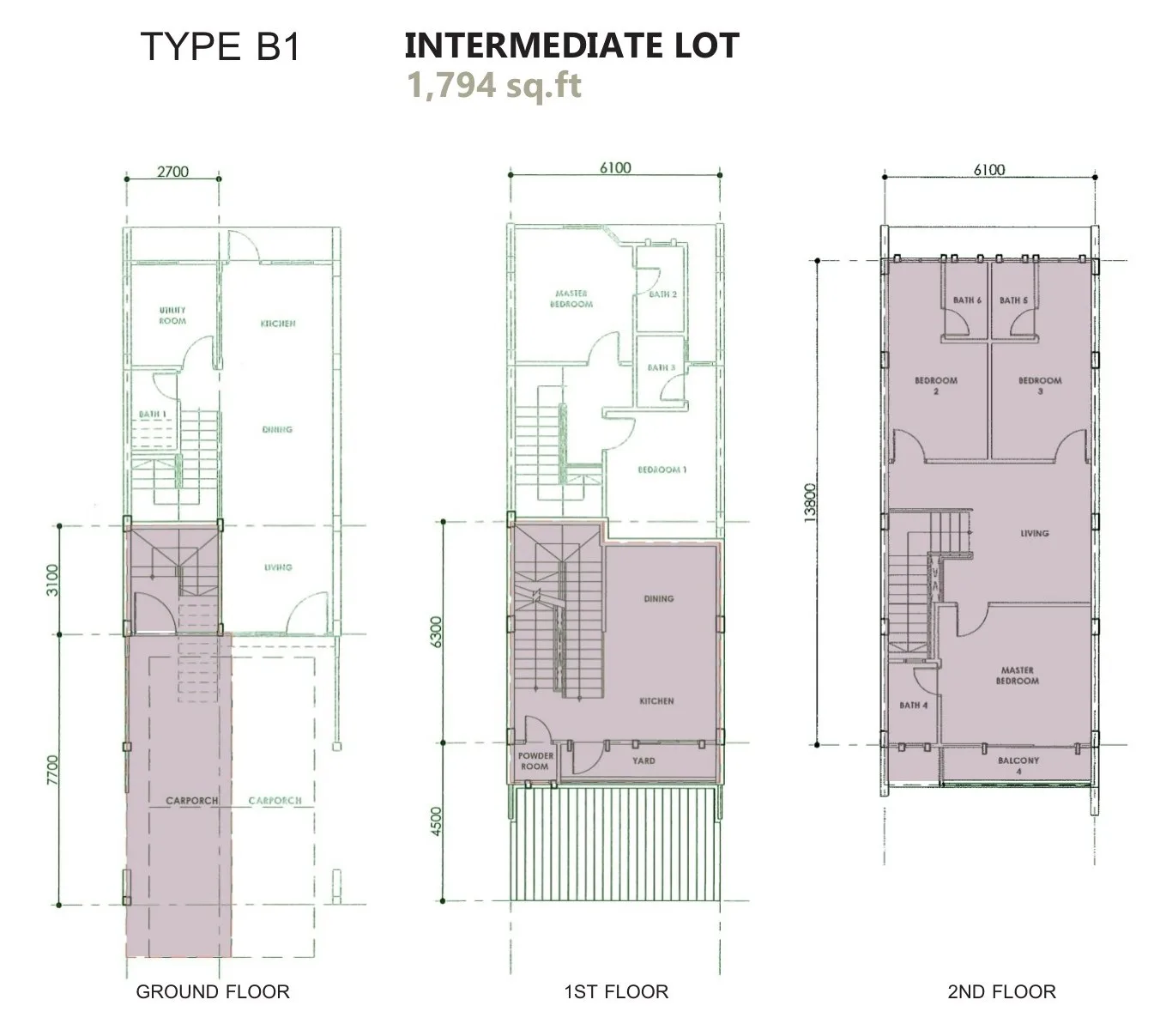 Type B1 intermediate upper unit floor plan, 1,794 sq ft, ground, first and second floor at Taman Kibabaig Hills, Penampang, Sabah