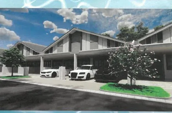 Street-view render of the single-storey terraces with car porches at Taman Kinding Akasia Phase 3A, Chemor, Ipoh, Perak