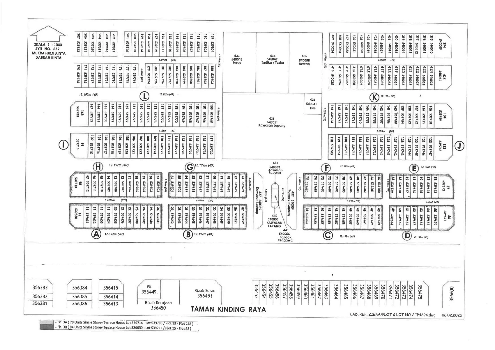 Developer site plan of Taman Kinding Akasia Phase 3A and 3B showing blocks A to L, open spaces, surau, kindergarten and community hall plots, Mukim Hulu Kinta, Ipoh
