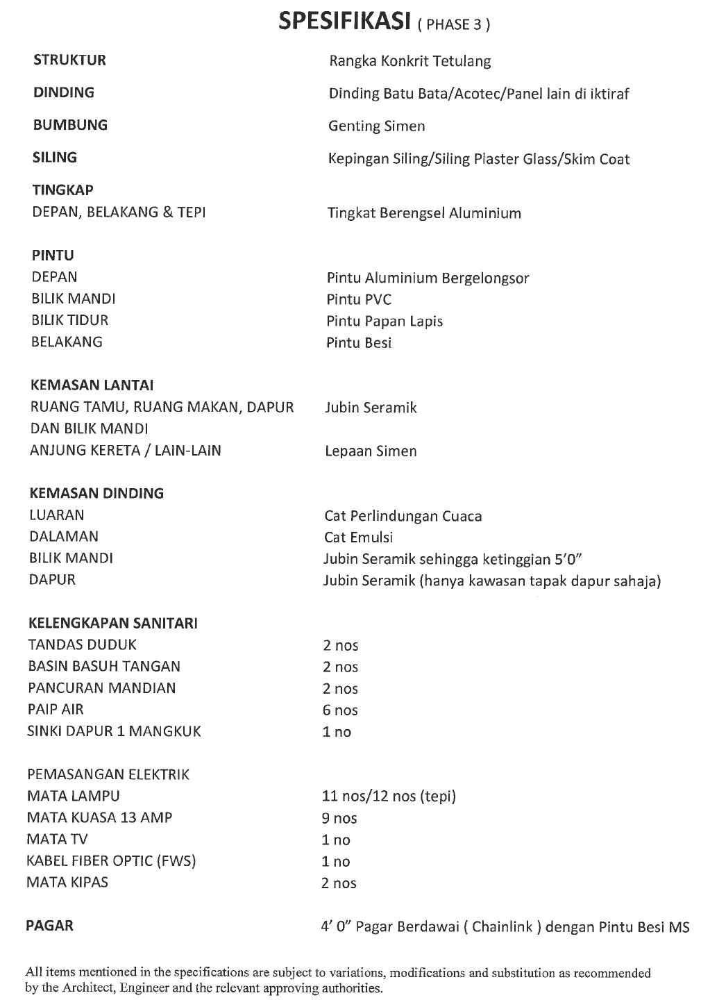 Building specification sheet (Malay) for Taman Kinding Akasia Phase 3 single-storey terraces by Pesat Padu Villas, Chemor, Ipoh