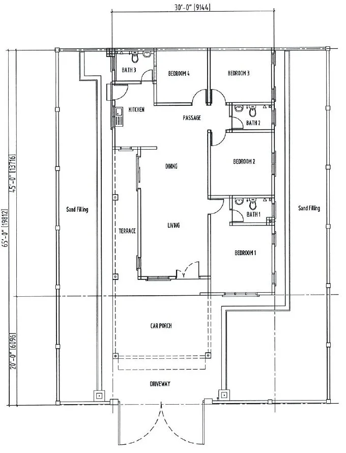 Ground floor plan of the single-storey cluster bungalow Type B, 30 x 45 ft house, 4 bedrooms 3 bathrooms, Taman Klebang Ehsan, Ipoh