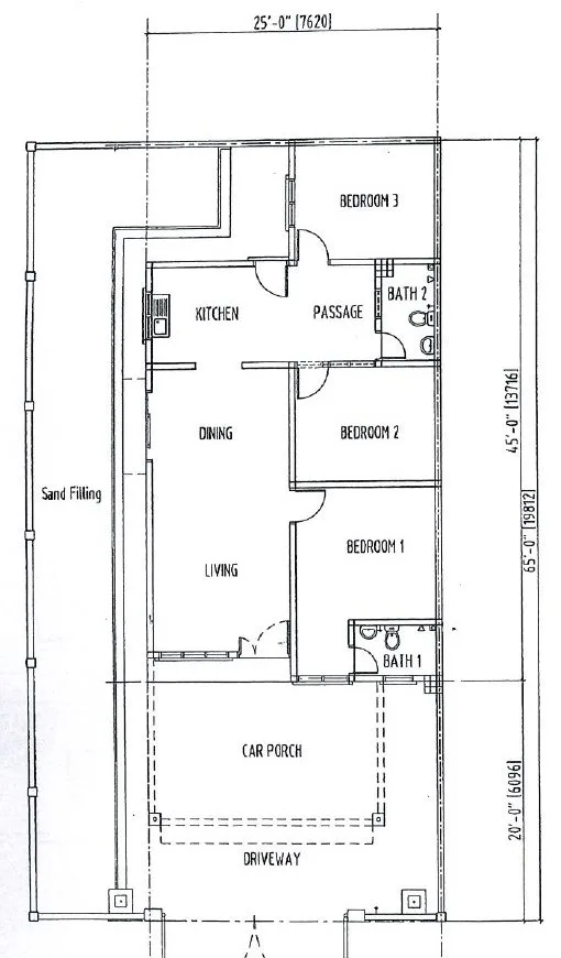 Ground floor plan of the single-storey cluster semi-detached house, 25 x 45 ft on a 35 x 65 ft lot, 3 bedrooms 2 bathrooms, Taman Klebang Ehsan, Ipoh