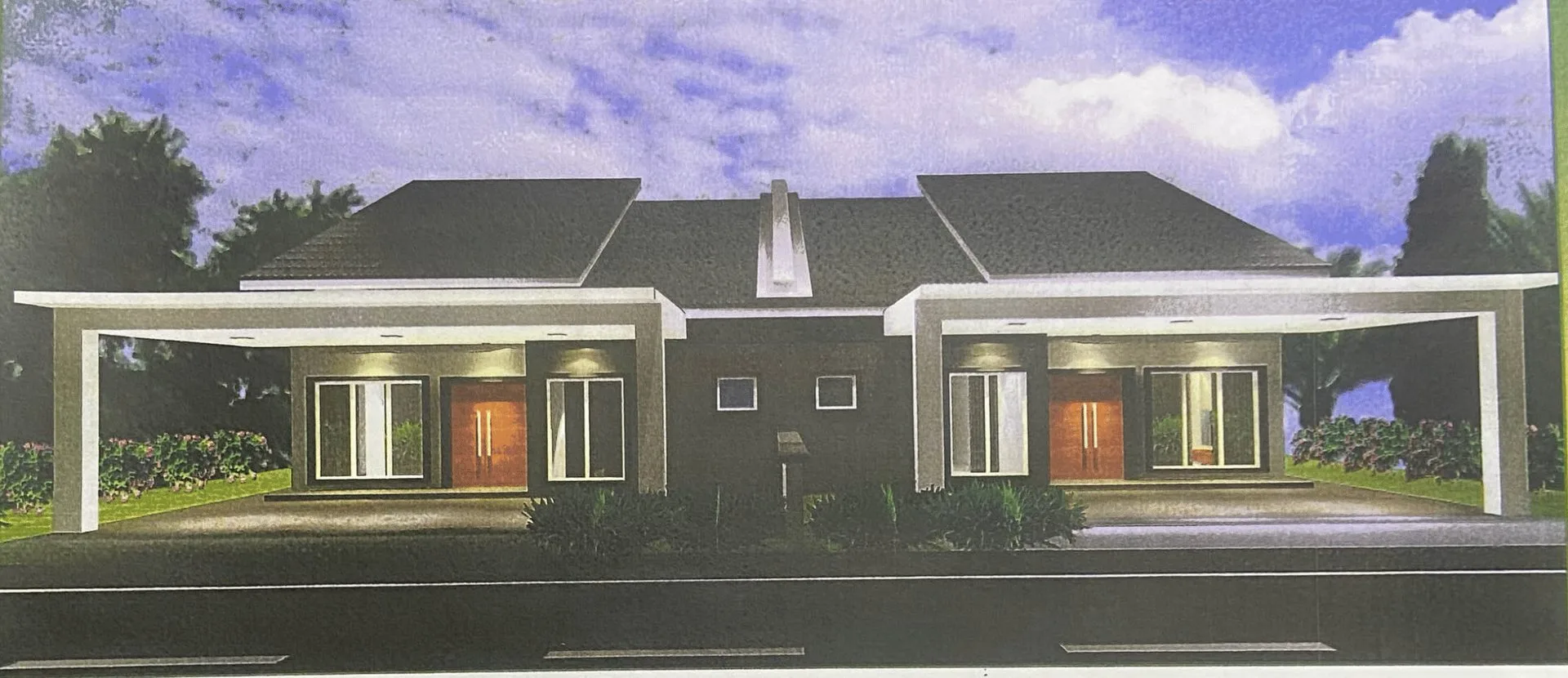 Artist's impression of a pair of single-storey cluster semi-detached houses at Taman Klebang Ehsan, Klebang, Ipoh, Perak