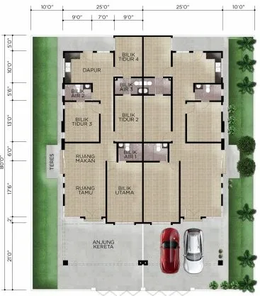 Floor plan of the 35 ft x 80 ft single-storey cluster semi-D with 4 bedrooms and 3 bathrooms at Taman Klebang Ria Phase 8A, Klebang, Ipoh