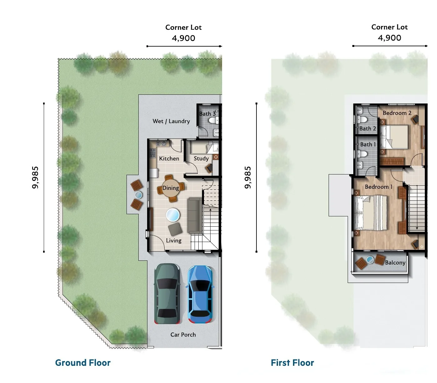 Corner lot floor plan, ground and first floor, 1,588 sq ft built-up at Taman Lagun Ria, Tuaran, Sabah