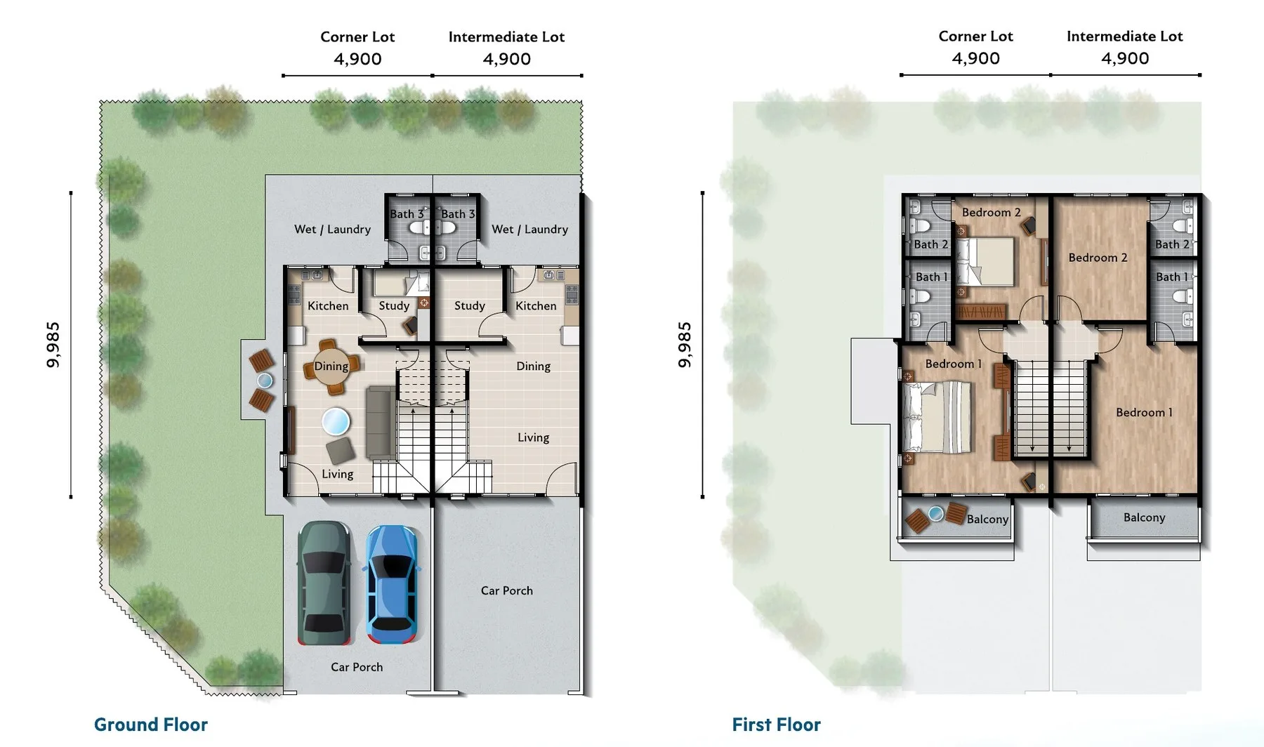 Ground-floor and first-floor plans of the corner lot and the intermediate lot, from the developer’s brochure at Taman Lagun Ria, Tuaran, Sabah