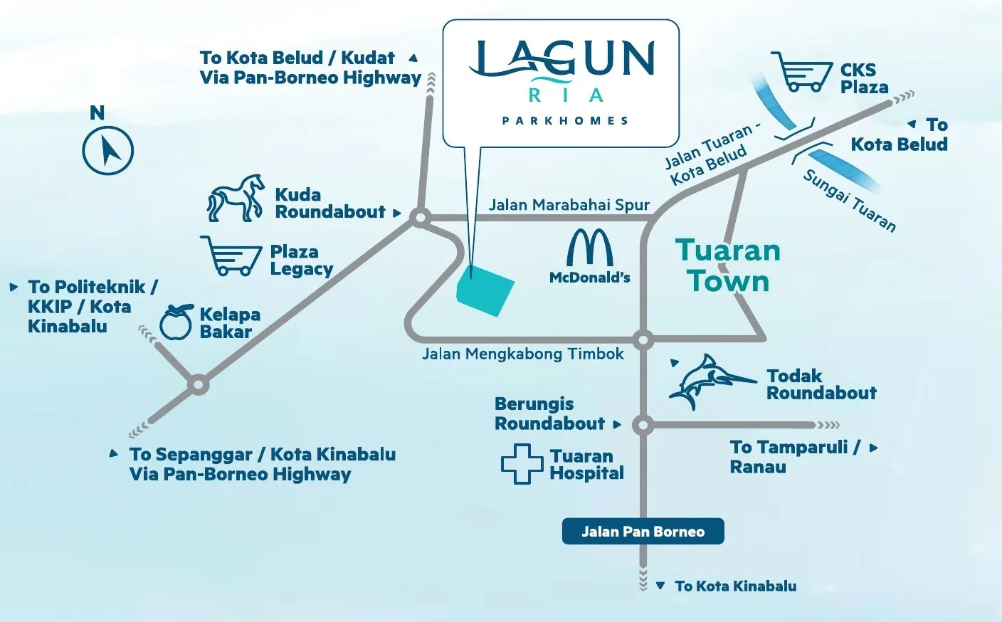 Developer location map: the site beside Tuaran town, between Jalan Marabahai Spur and Jalan Mengkabong Timbok, from the developer’s brochure at Taman Lagun Ria, Tuaran, Sabah