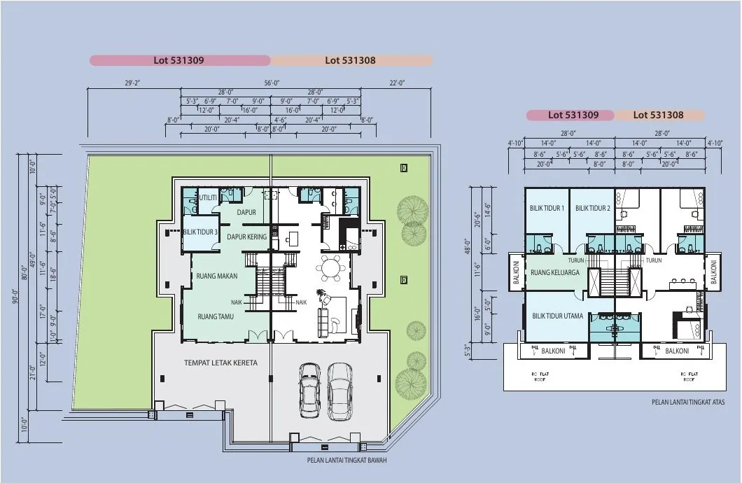 Ground and first floor plans of the double-storey semi-detached house, 4+1 bedrooms 5 bathrooms, at Taman Lapangan Harmoni Phase 4 by Seong Maju Properties Sdn Bhd, Ipoh, Perak