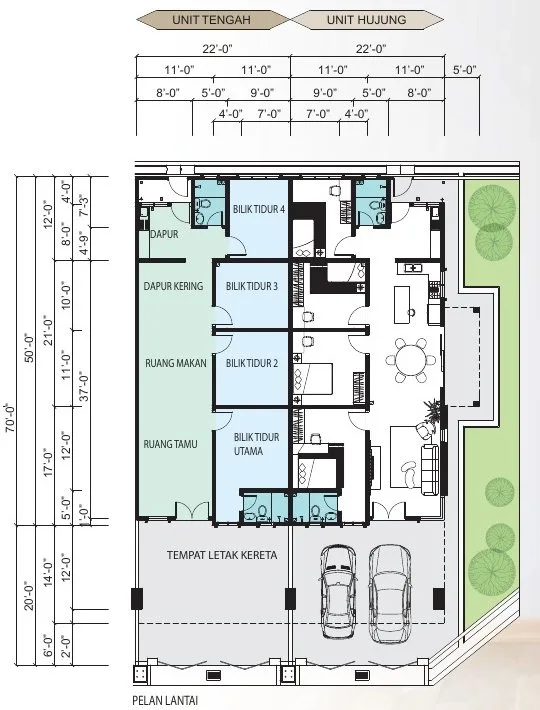 Floor plan of the 22 x 70 ft single-storey terrace house, 4 bedrooms 2 bathrooms, at Taman Lapangan Harmoni Phase 4 by Seong Maju Properties Sdn Bhd, Ipoh, Perak