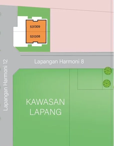 Master plan extract showing the two semi-detached lots beside the open space on Lapangan Harmoni 8, Taman Lapangan Harmoni Phase 4, Ipoh, Perak