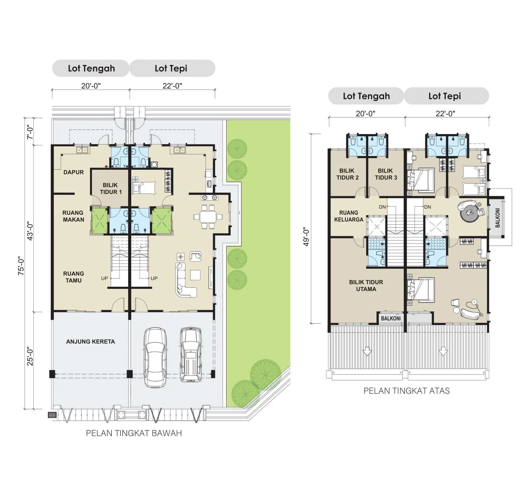 Ground and first floor plans of the 20 ft x 75 ft intermediate and end terrace at Taman Lapangan Indah, Ipoh, Perak