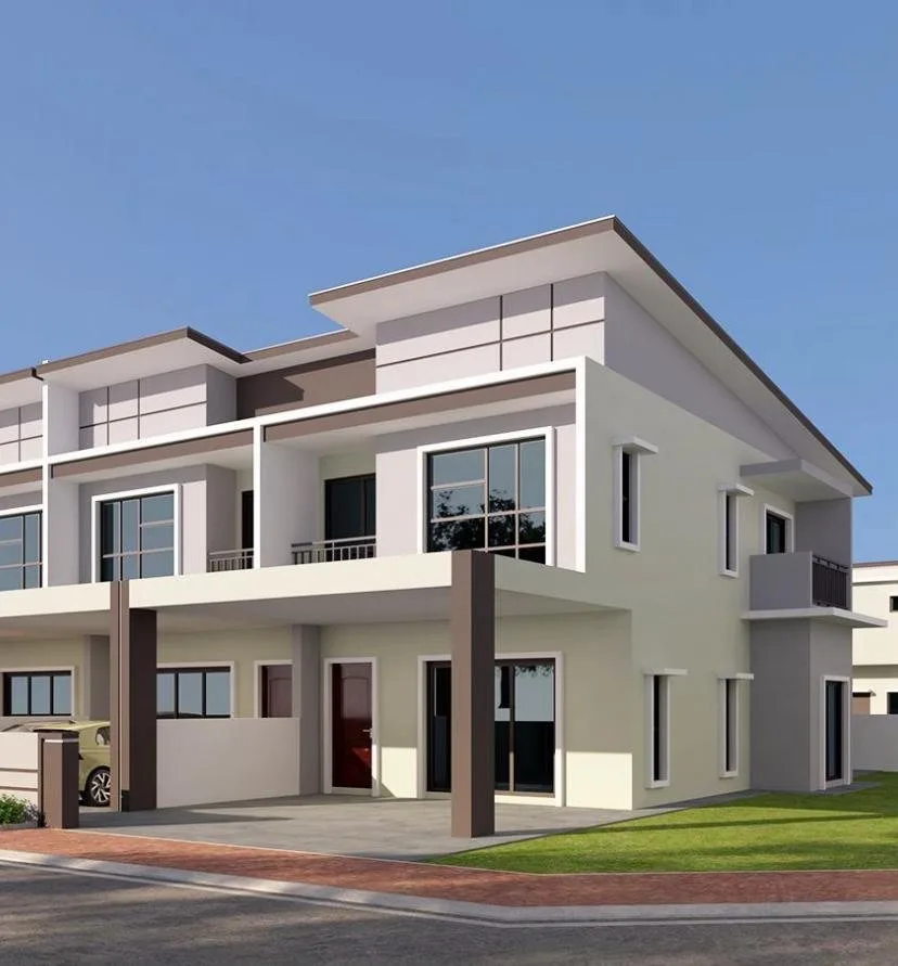 Corner unit render of the double-storey terrace houses at Taman Lapangan Indah by Khidmat Tepat Sdn Bhd, Ipoh, Perak