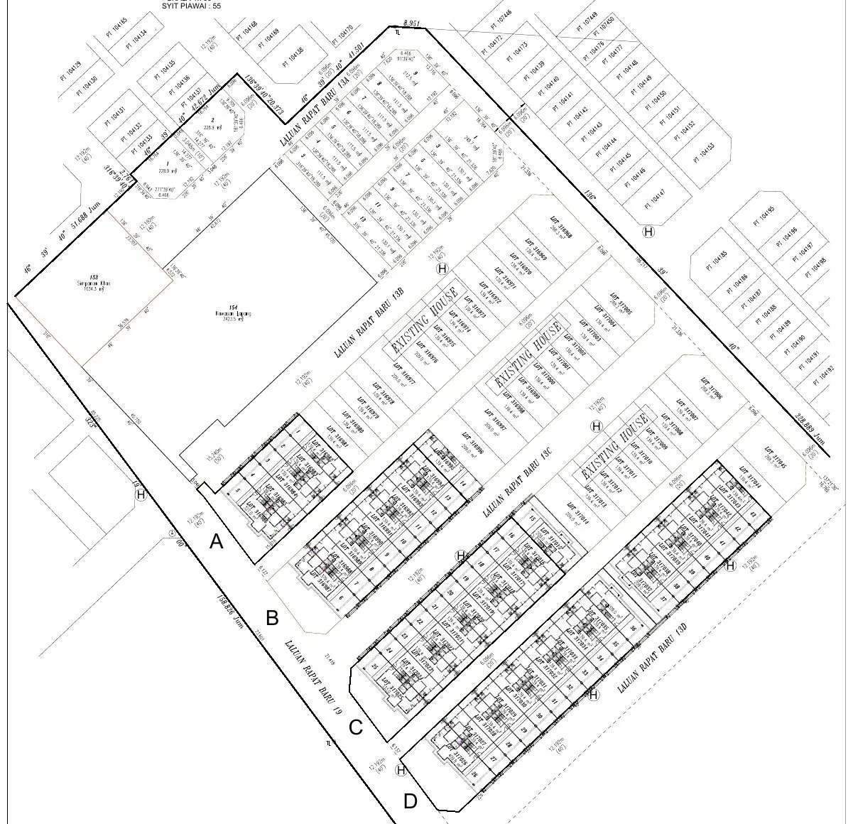 Site plan of Taman Lapangan Indah showing 43 terrace plots in rows A to D off Laluan Rapat Baru 19, Ipoh, Perak