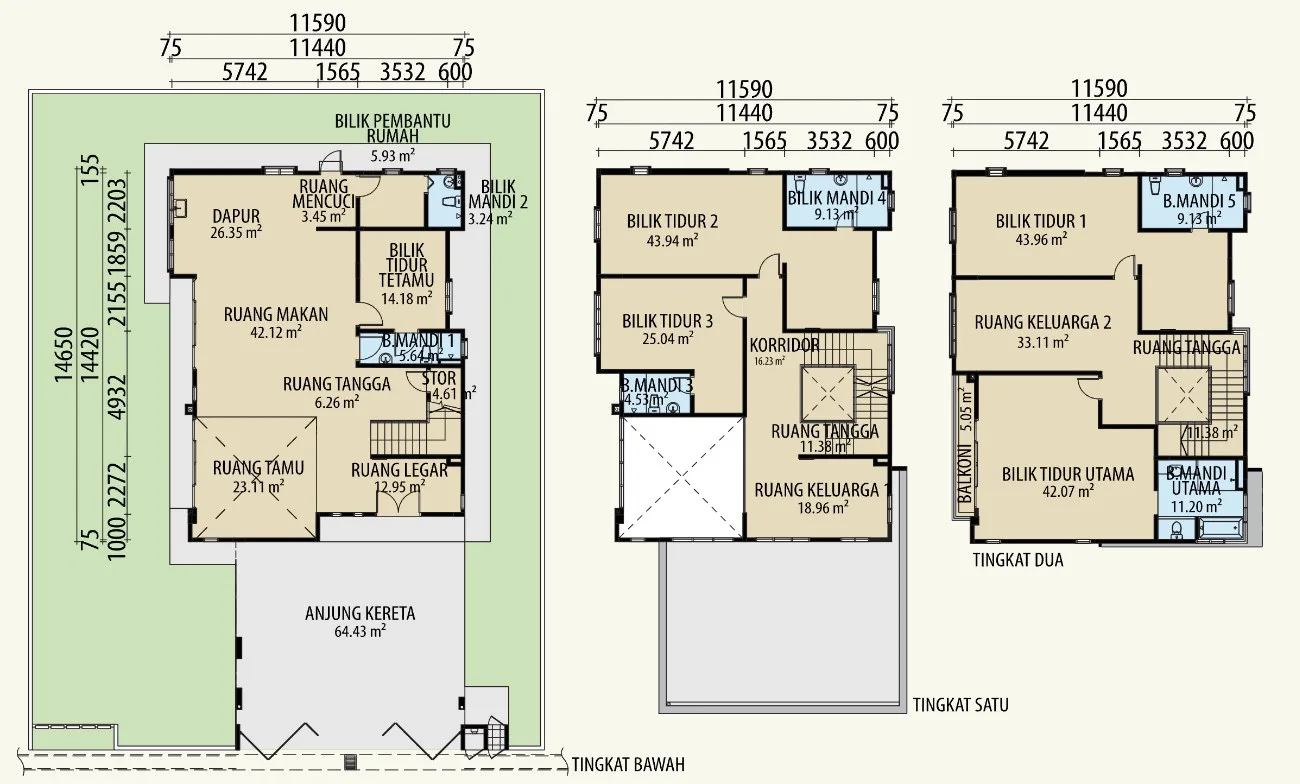 Taman Lembah Permai Gembira bungalow Type D floor plans — ground, first and second floors, 500.07 sq m built-up, Bukit Mertajam, Penang