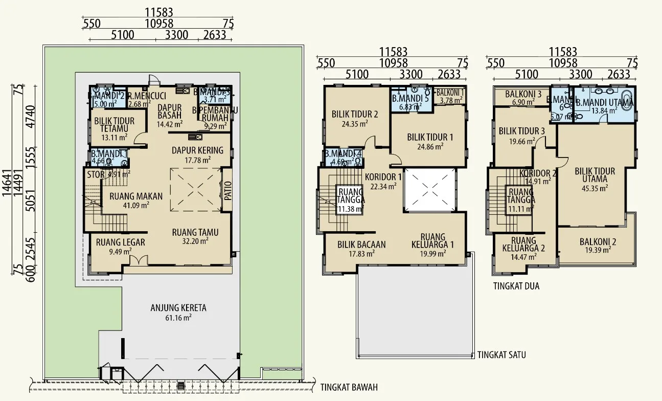 Taman Lembah Permai Gemilang bungalow Type E floor plans — ground, first and second floors, 506.20 sq m built-up, Bukit Mertajam, Penang