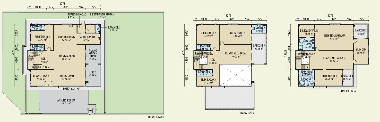 Taman Lembah Permai Mewah bungalow Type F floor plans — ground, first and second floors, 811.67 sq m built-up, Bukit Mertajam, Penang
