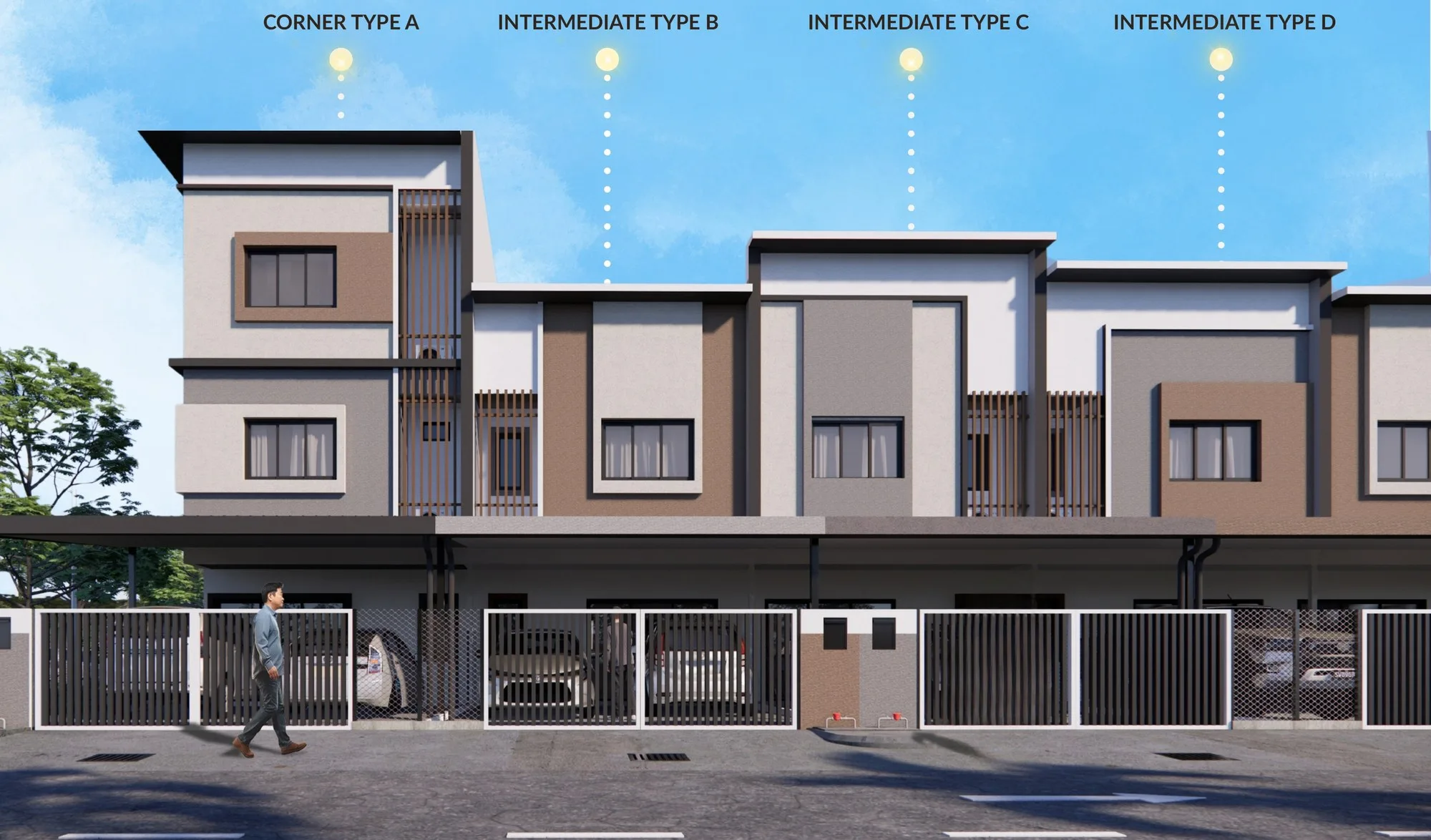 Artist’s impression of the facades: Corner Type A (2.5-storey) and Intermediate Types B, C and D (2-storey), from the developer’s brochure at Taman Mayang Seri, Beringgis, Papar, Sabah