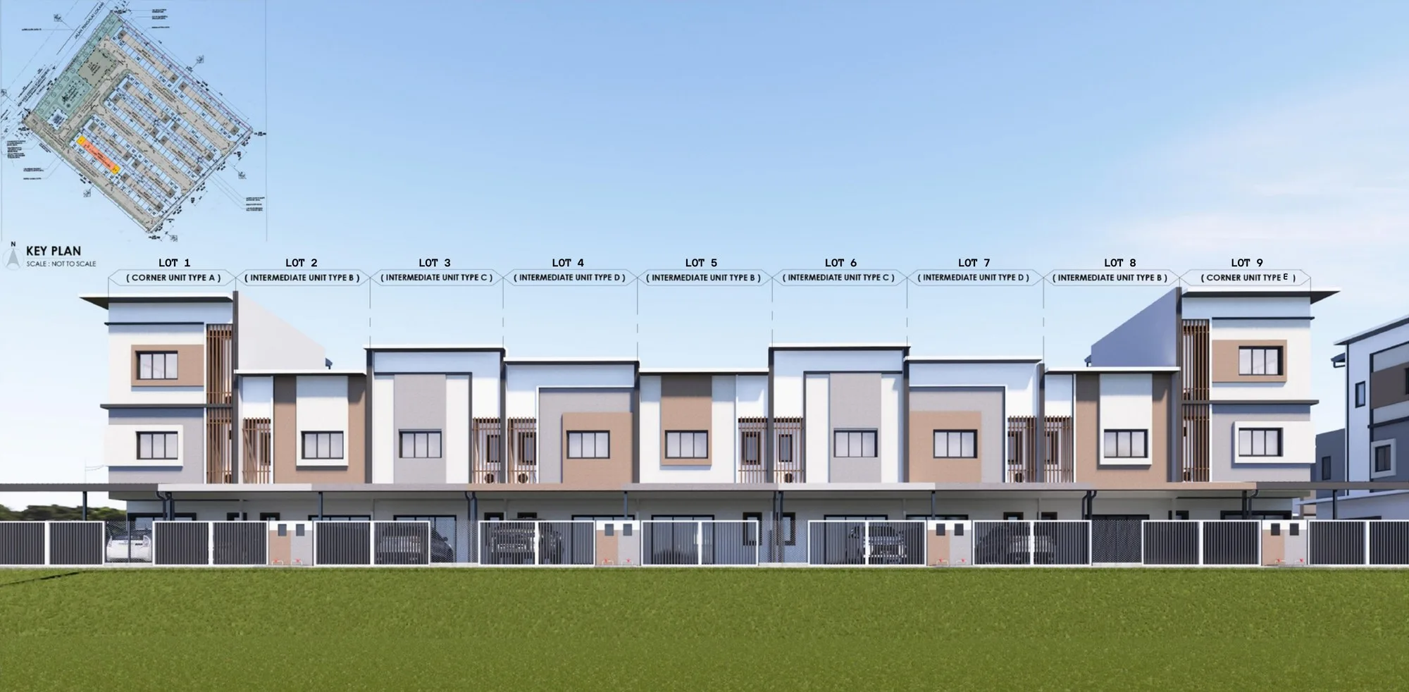 Front elevation of Block 1 (artist’s impression): Lots 1 to 9 with the facade type of each lot and a key plan, from the developer’s facade drawings at Taman Mayang Seri, Beringgis, Papar, Sabah