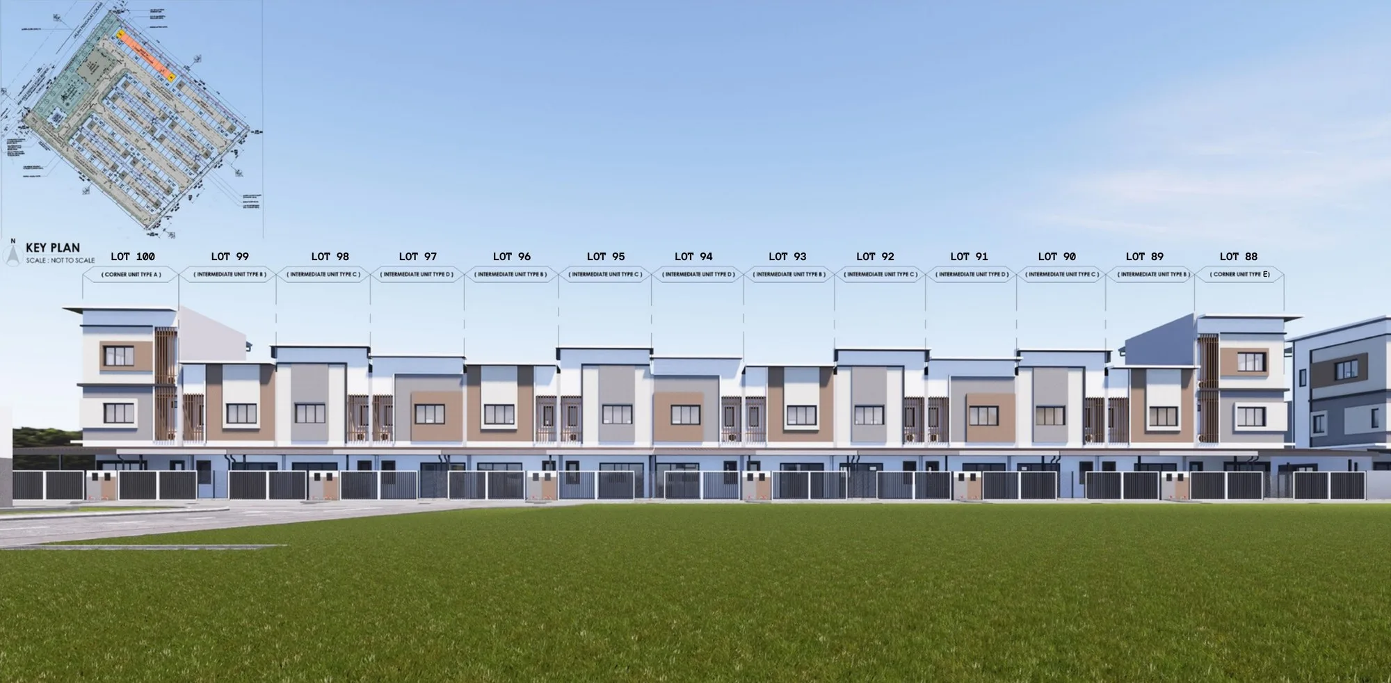 Front elevation of Block 10 (artist’s impression): Lots 88 to 100 with the facade type of each lot and a key plan, from the developer’s facade drawings at Taman Mayang Seri, Beringgis, Papar, Sabah
