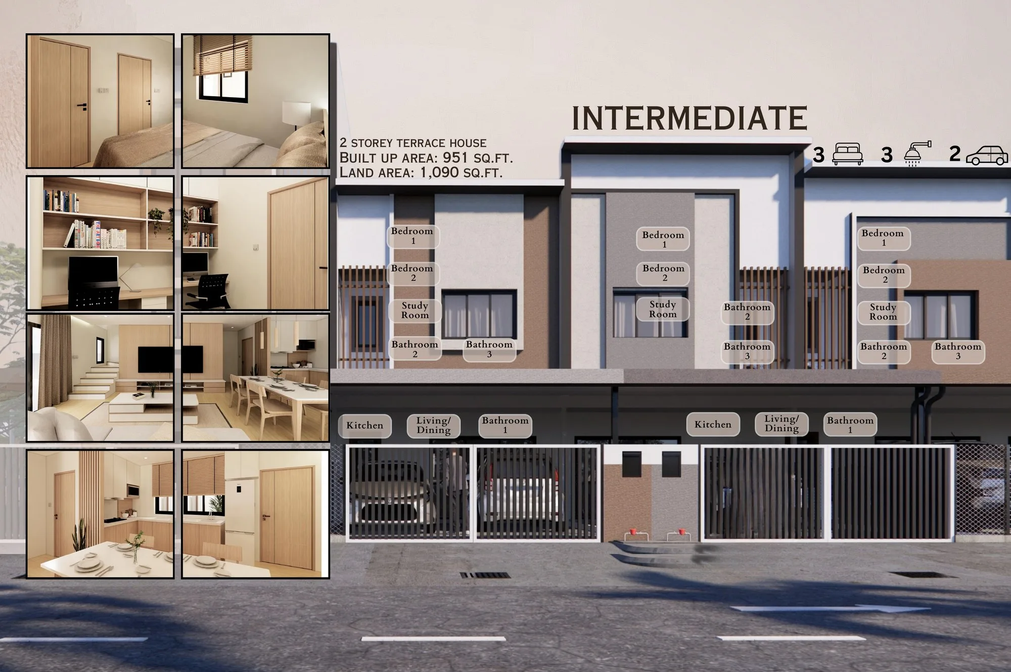 Intermediate 2-storey house, 951 sq ft: where each room sits, with artist’s impressions of the interior, from the developer’s brochure at Taman Mayang Seri, Beringgis, Papar, Sabah