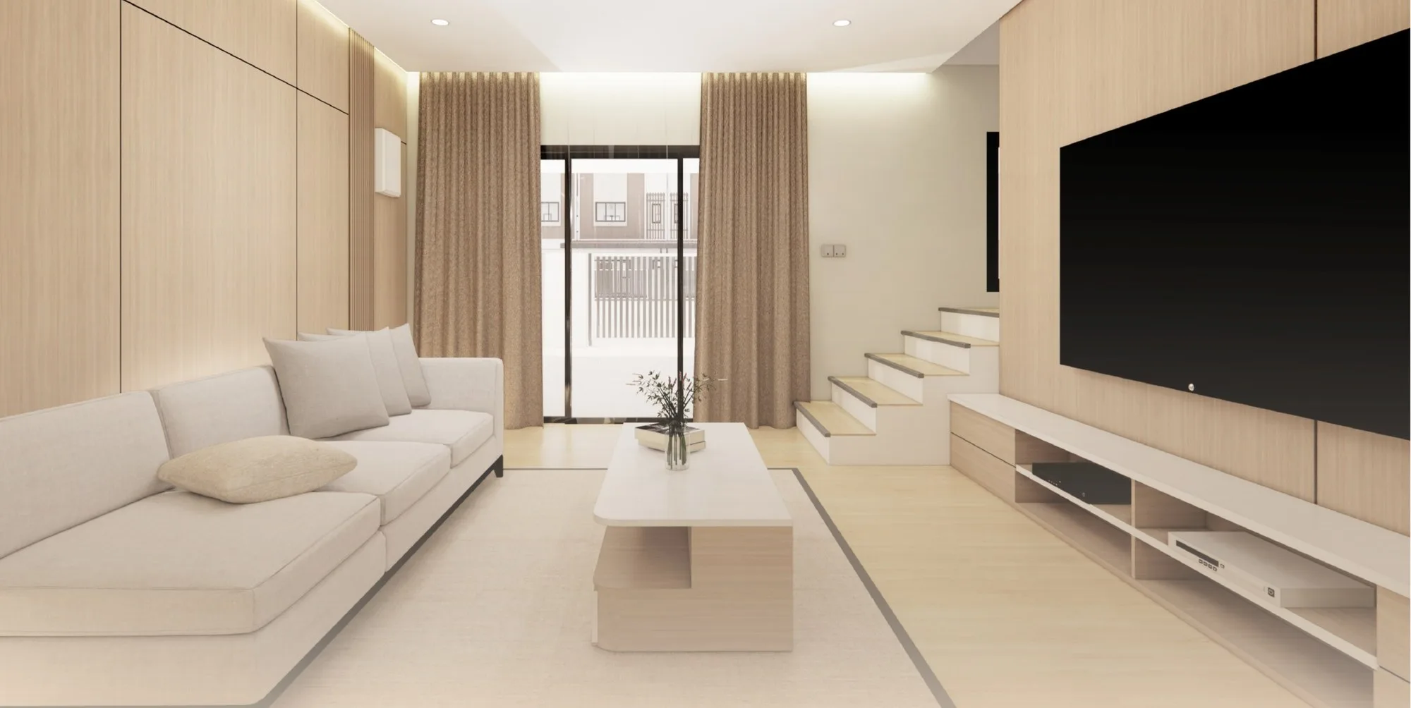 Artist’s impression of a furnished living hall looking towards the front sliding door, from the developer’s brochure at Taman Mayang Seri, Beringgis, Papar, Sabah