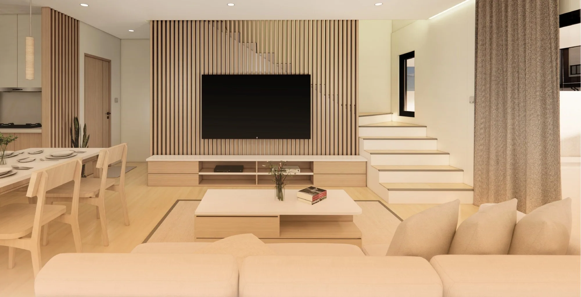 Artist’s impression of a furnished living area with the staircase behind, from the developer’s brochure at Taman Mayang Seri, Beringgis, Papar, Sabah