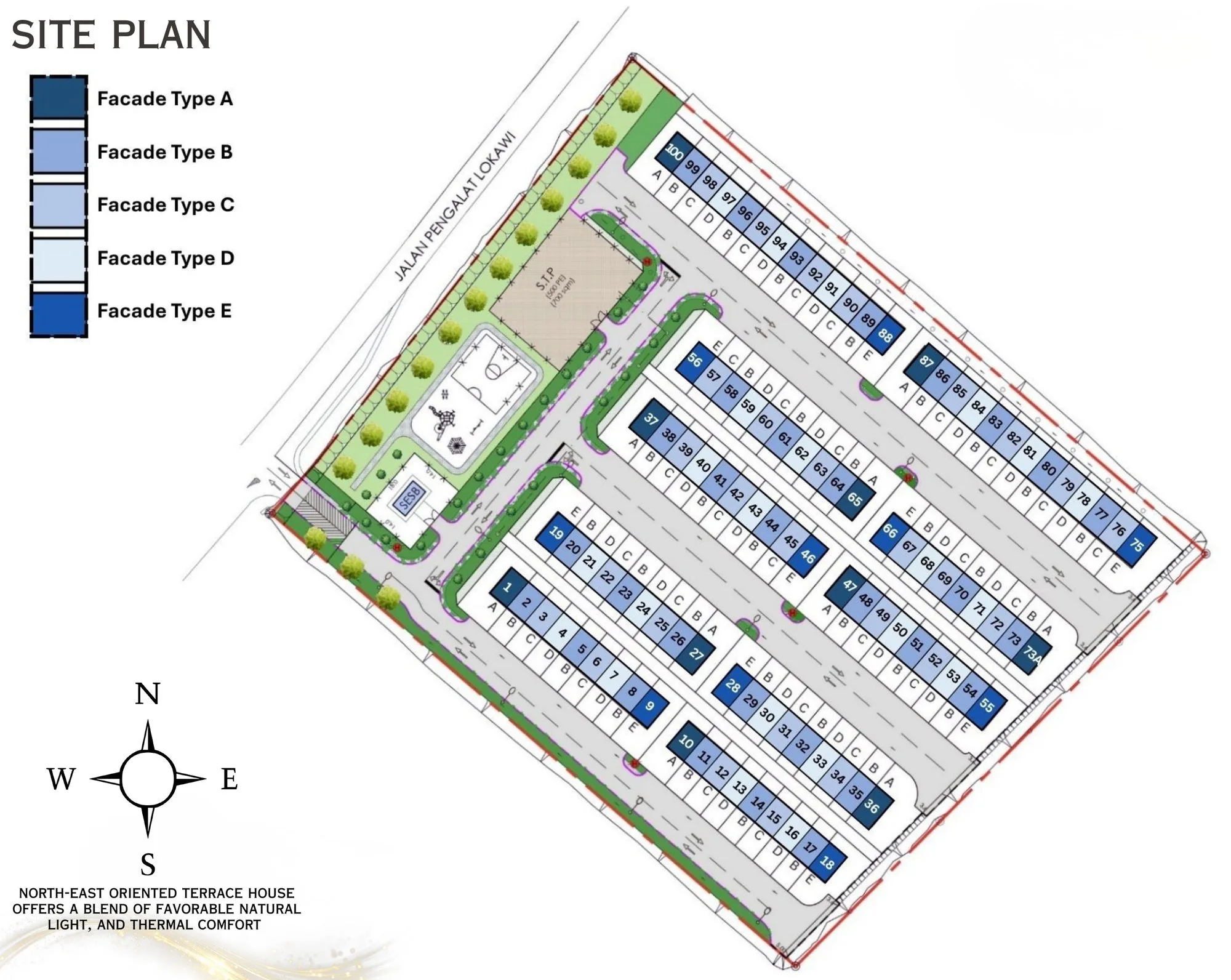 Site plan: 100 lots in ten rows with their lot numbers and facade types A to E, the playground and the entrance from Jalan Pengalat Lokawi, from the developer’s brochure at Taman Mayang Seri, Beringgis, Papar, Sabah