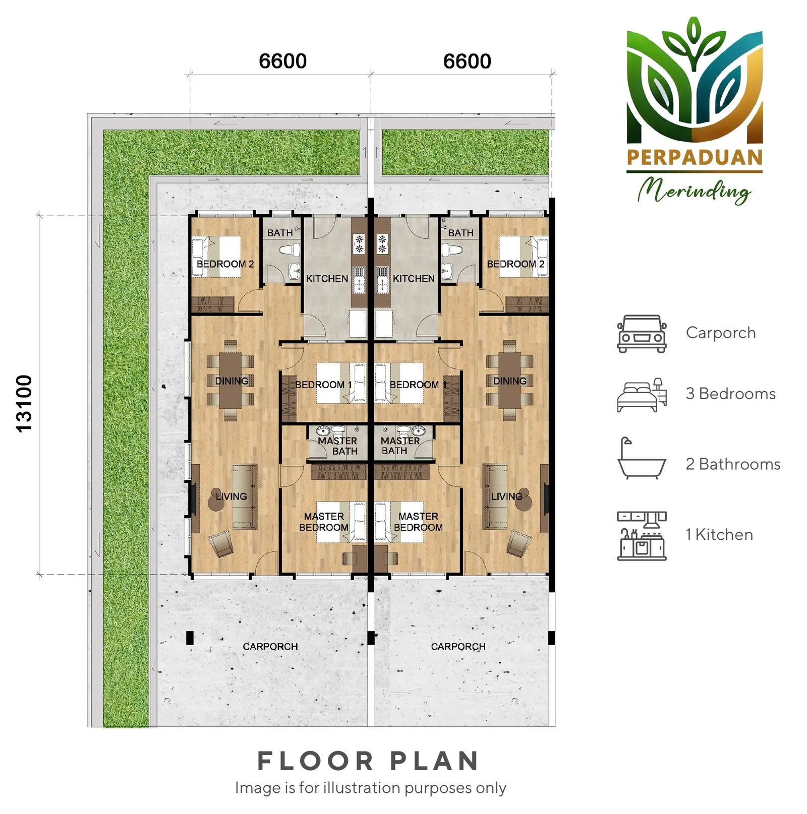 Single-storey terrace floor plan, 3 bedrooms, 930 sq ft at Taman Merinding Indah, Jalan OKK Daud, Merinding, Labuan
