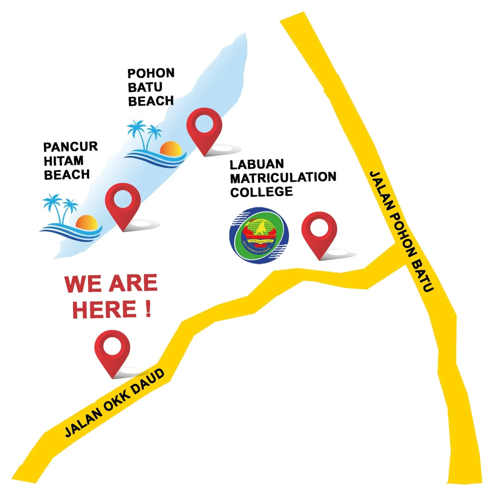 Developer locality map: Jalan OKK Daud, Jalan Pohon Batu, Labuan Matriculation College and the Pancur Hitam and Pohon Batu beaches, from the developer’s brochure at Taman Merinding Indah, Jalan OKK Daud, Merinding, Labuan
