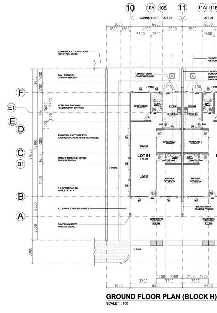 Corner Lot 91 ground-floor measurement drawing at Taman Merinding Indah, Jalan OKK Daud, Merinding, Labuan
