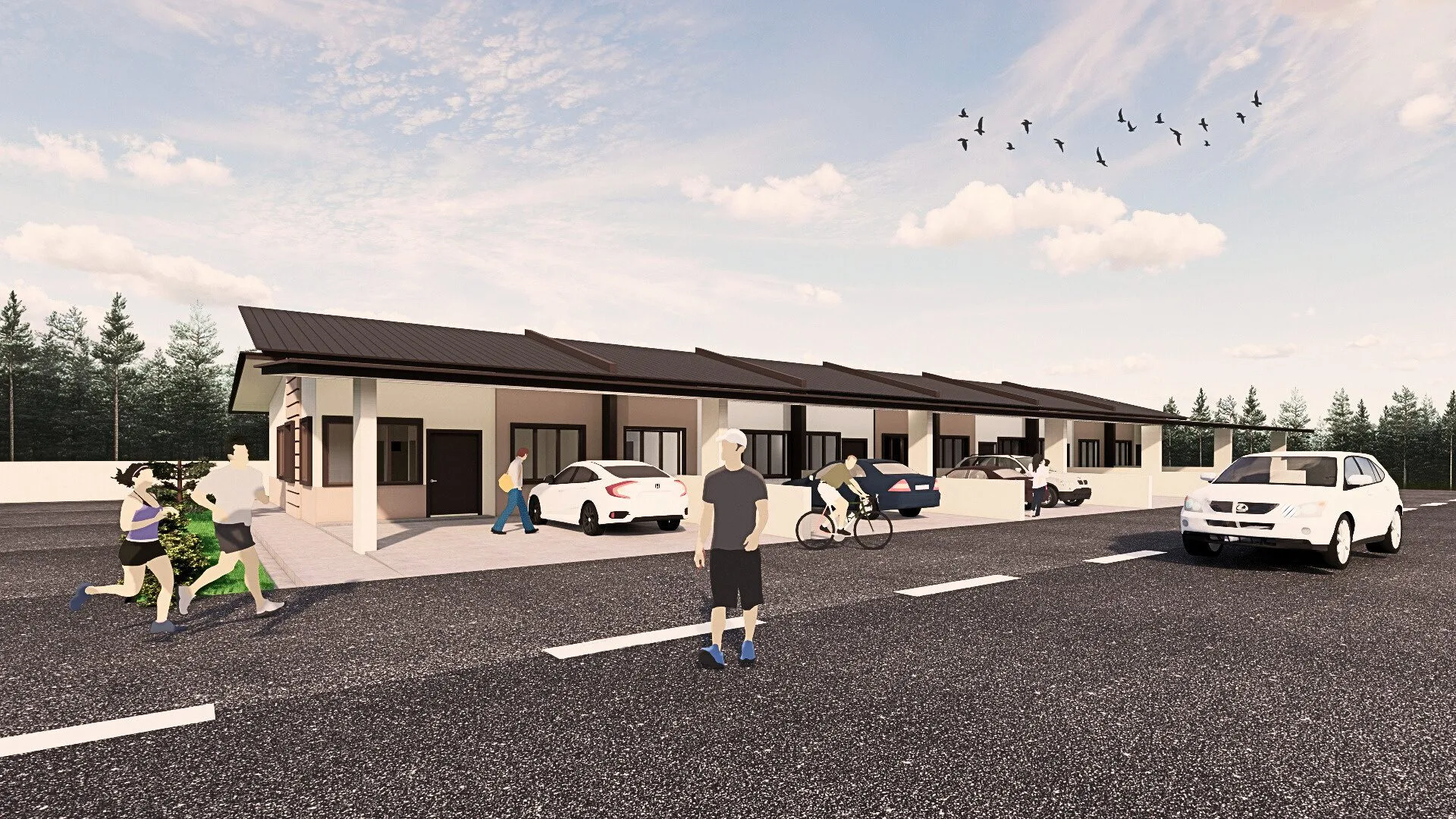 Artist’s impression: the single-storey terrace row seen from the street, from the developer’s brochure at Taman Merinding Indah, Jalan OKK Daud, Merinding, Labuan