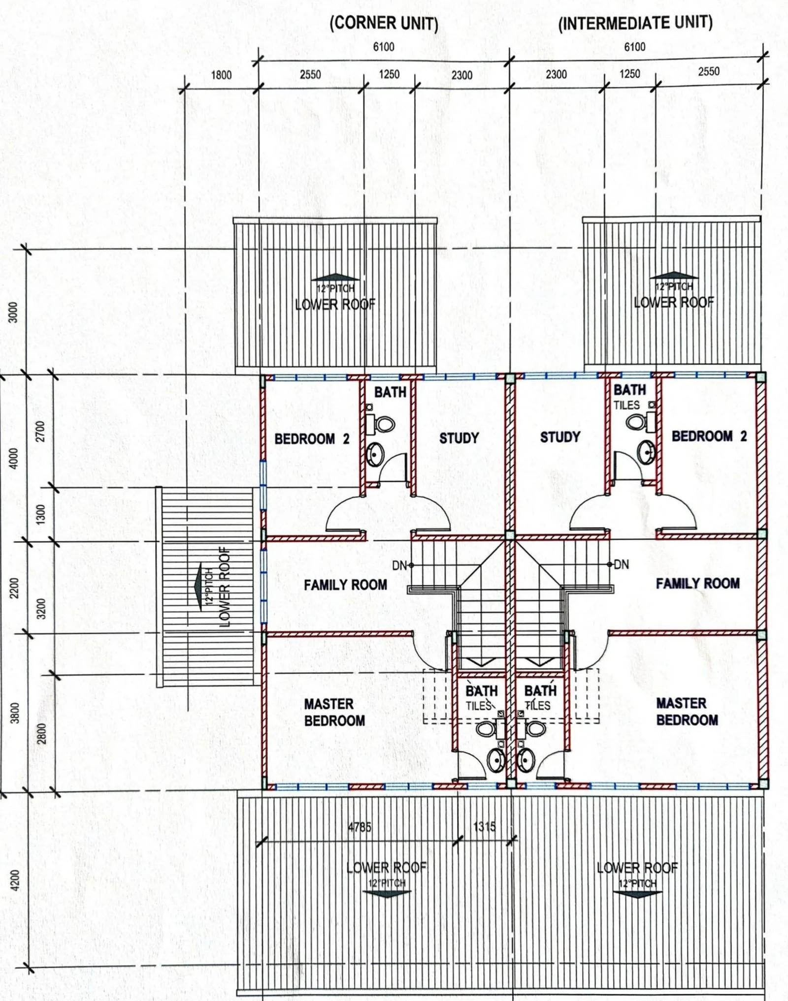 沙巴吧巴 Jalan Melugus Taman Mewah Utama 双层排屋二楼建筑师平面图：转角单位与中间单位（发展商图则）
