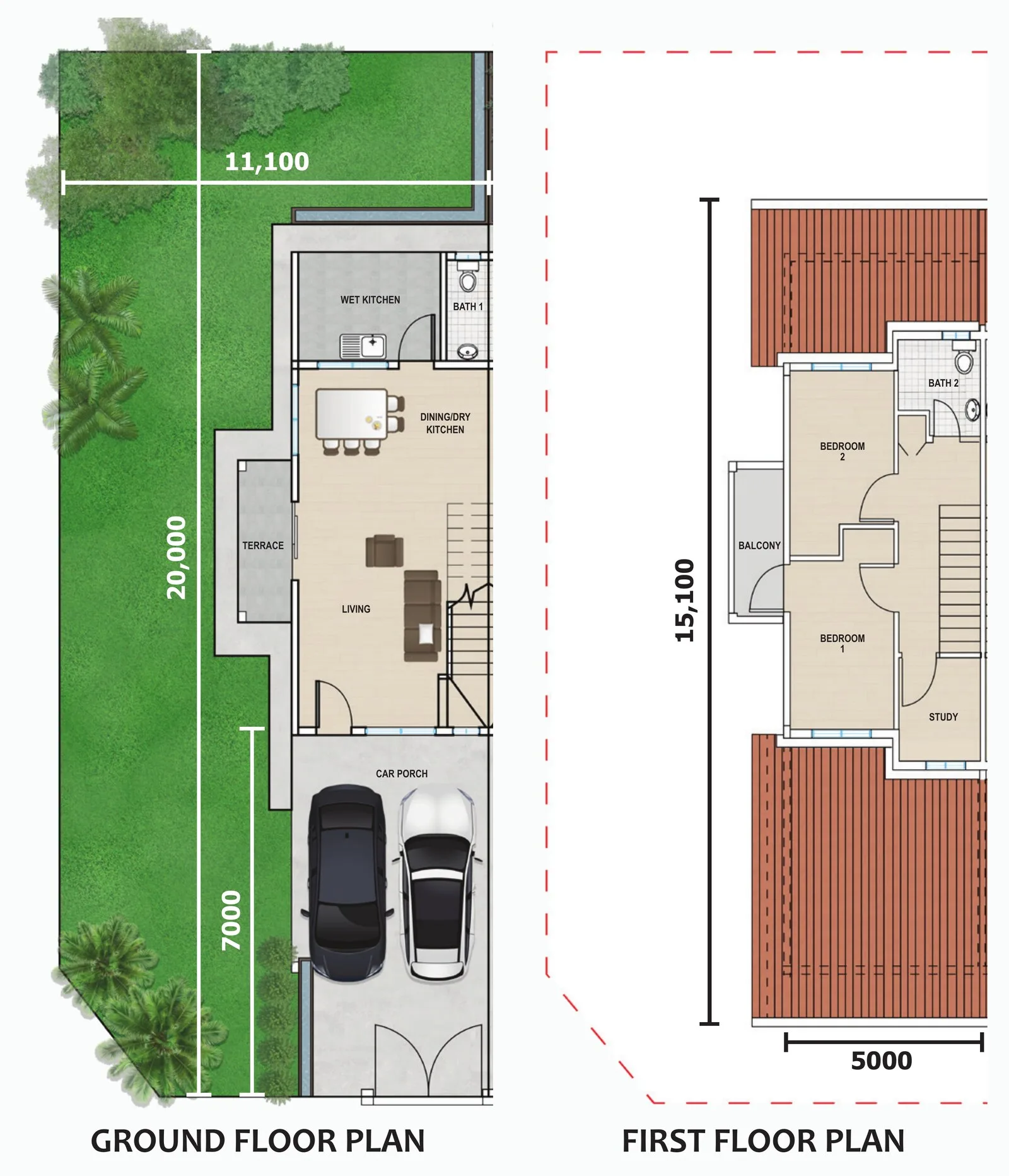 沙巴斗亚兰 Taman Mewah Utama 转角单位户型图（底层与一楼），建筑面积 1,316 平方尺
