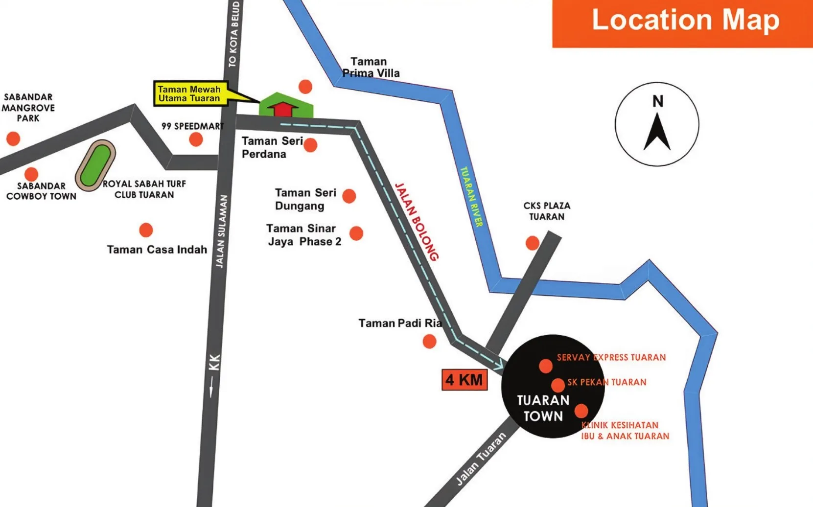 沙巴斗亚兰 Taman Mewah Utama 发展商位置图：Jalan Bolong、Jalan Sulaman、斗亚兰河与斗亚兰市镇（发展商手册）