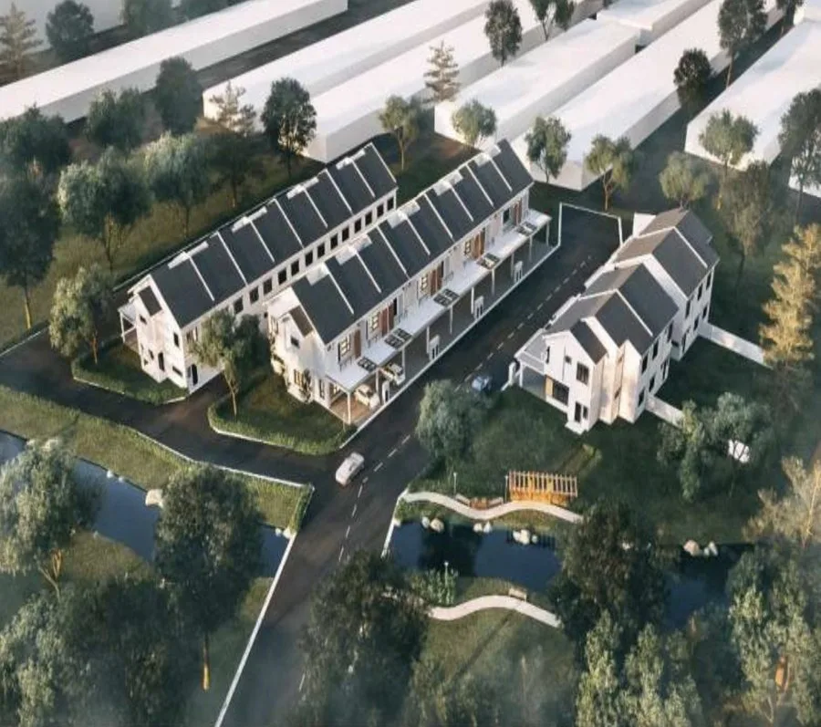 Taman Nara aerial artist's impression of the houses with a landscaped pond in front, Bukit Mertajam, Penang
