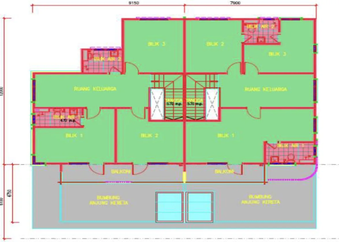 Taman Nara first-floor plan of the same block of two semi-detached houses — three bedrooms, two bathrooms, family area and balcony in each, Bukit Mertajam, Penang