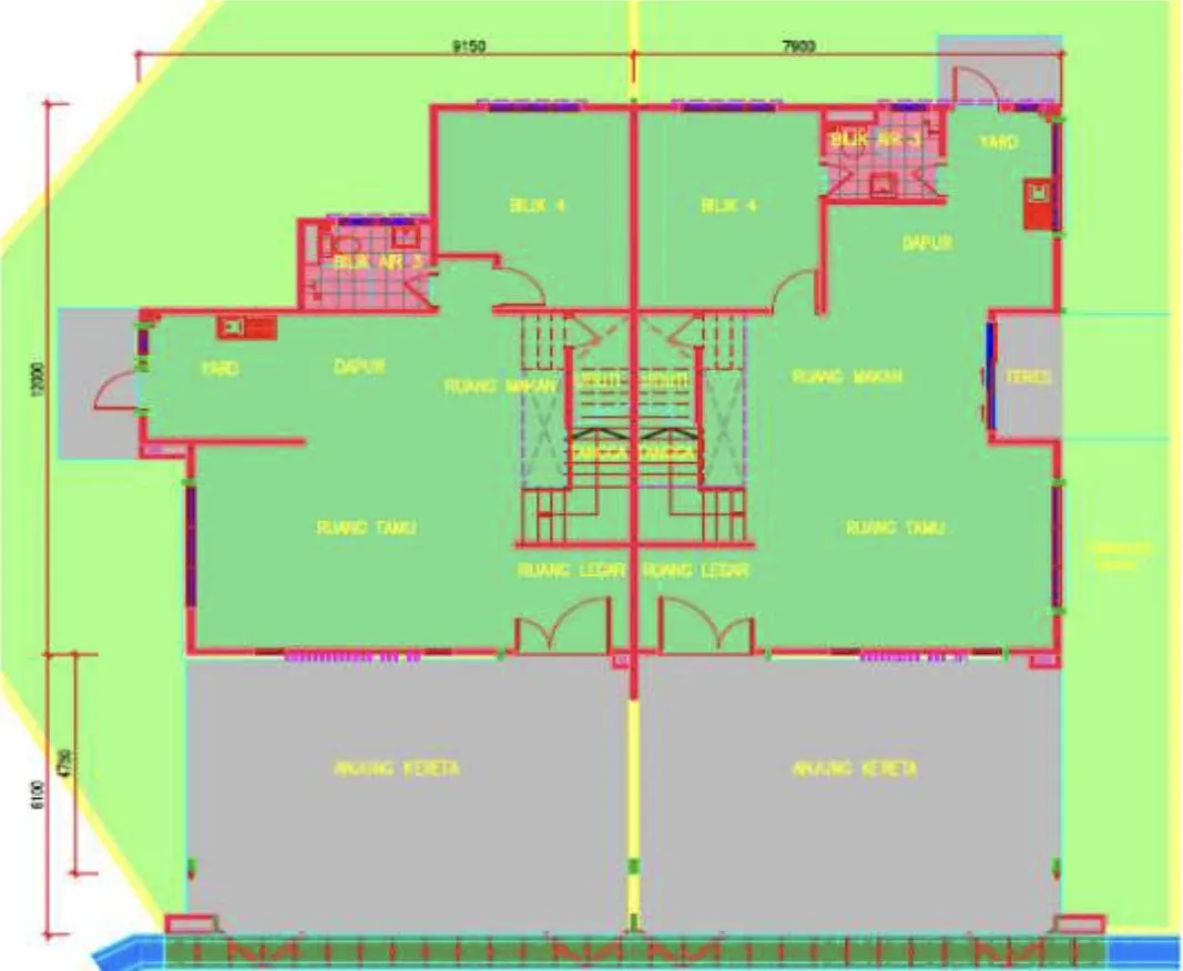 Taman Nara ground-floor plan of a block of two semi-detached houses — living room, dining room, kitchen, yard, one bedroom, one bathroom and car porch in each, from the developer's advertisement filed with the government register, Bukit Mertajam, Penang