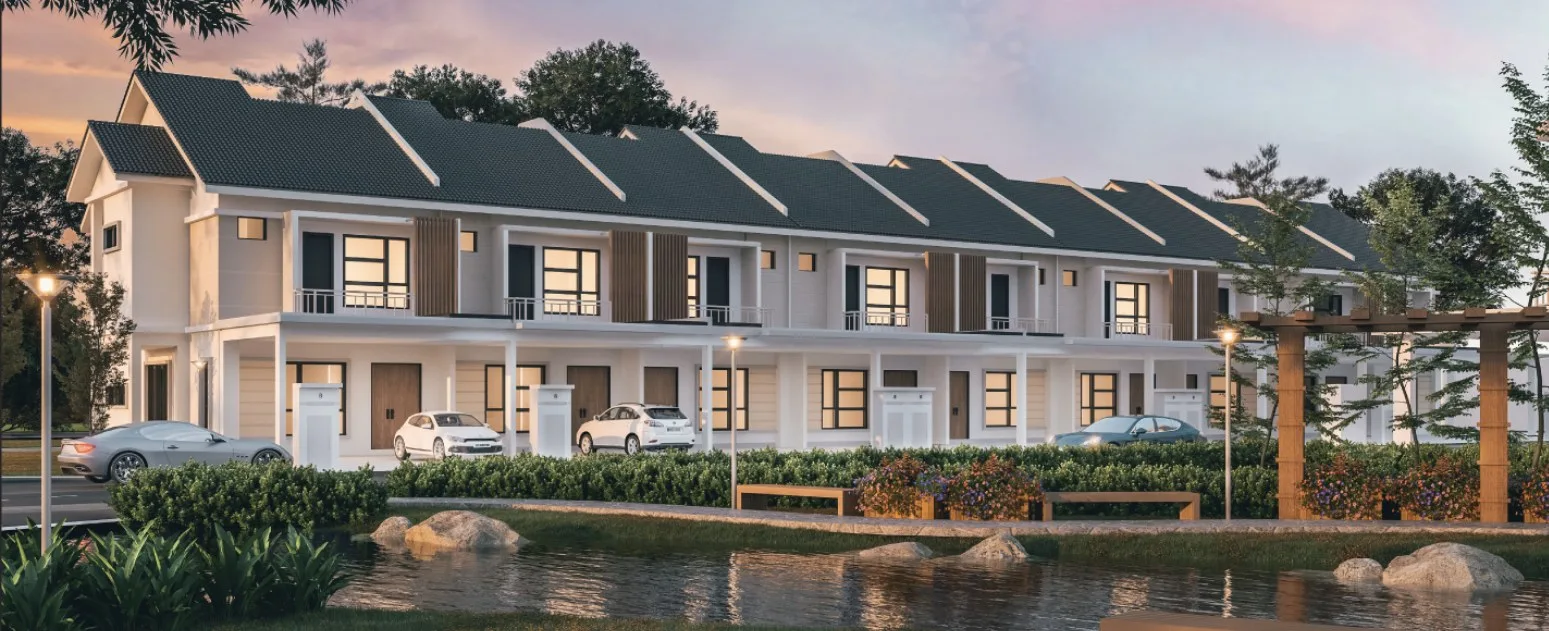 Taman Nara two-storey terrace houses behind a landscaped pond, artist's impression, Bukit Mertajam, Penang