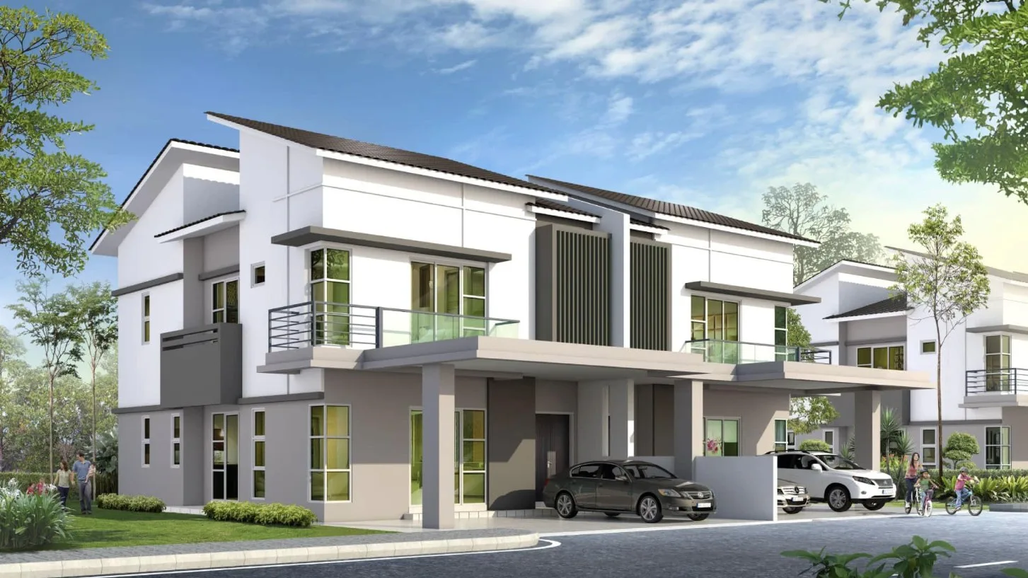 Taman Nuri Emas two-storey semi-detached houses, artist's impression, full view of a pair, Nibong Tebal, Penang