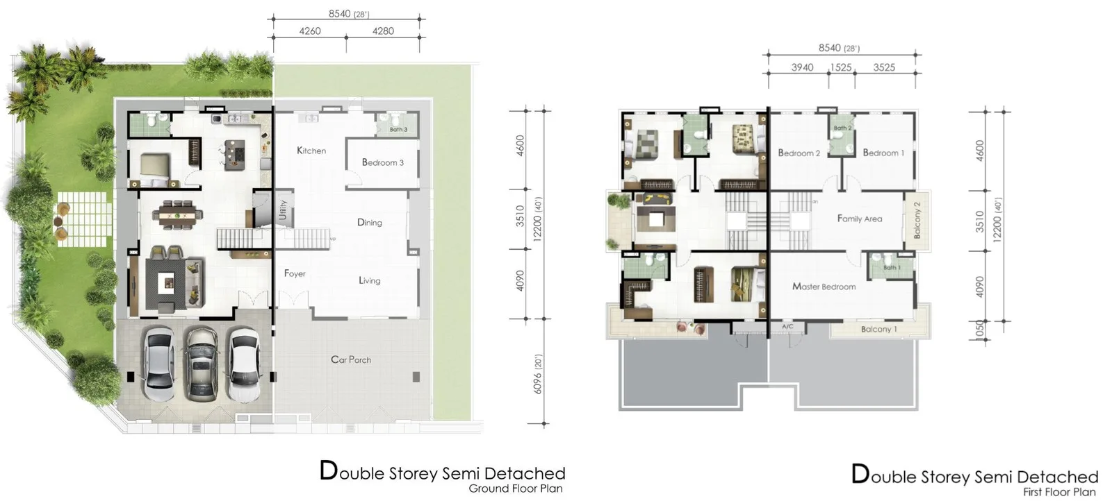 Taman Nuri Emas double-storey semi-detached house coloured ground-floor and first-floor plans from the developer's website, Nibong Tebal, Penang