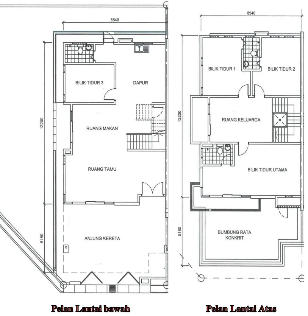 Taman Nuri Emas Phase 5 two-storey semi-detached house ground-floor and first-floor plans from the Phase 5 advertisement, Nibong Tebal, Penang