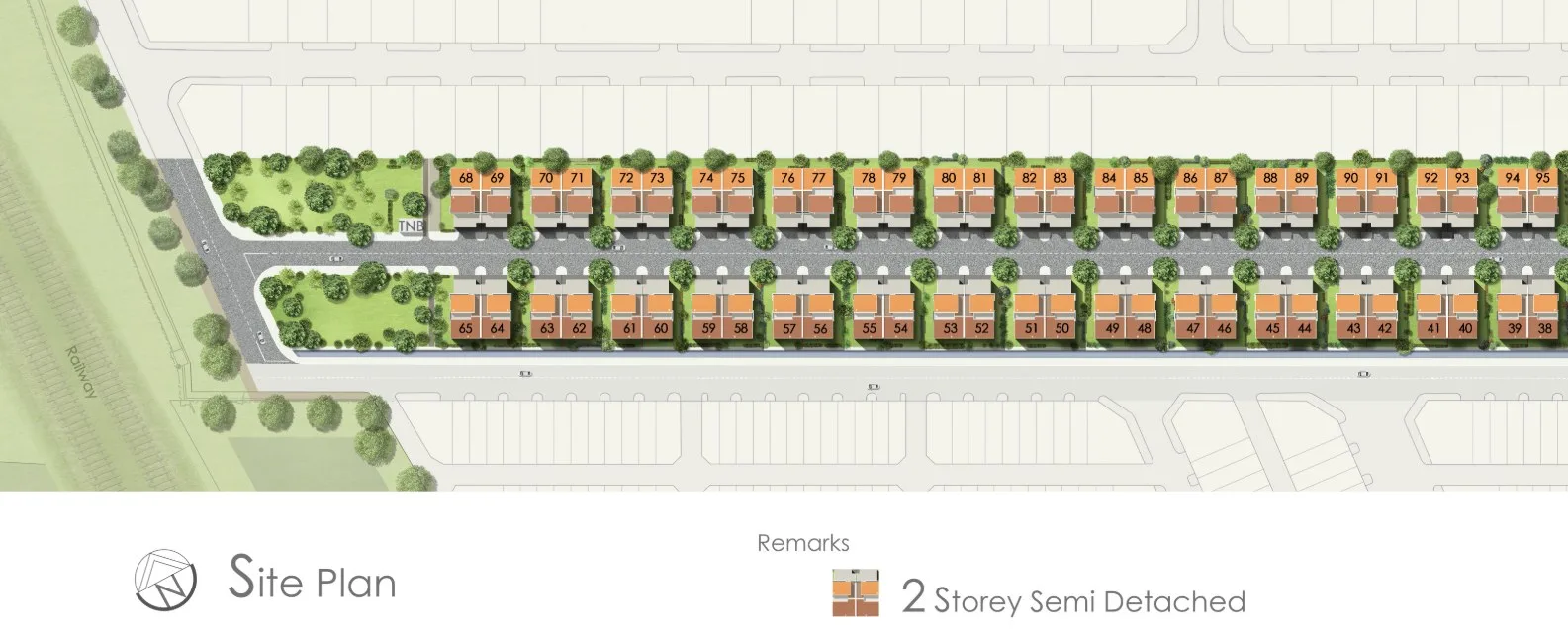 Taman Nuri Emas site plan, part 1 of 2: the numbered semi-detached lots at the railway end of the scheme, Nibong Tebal, Penang