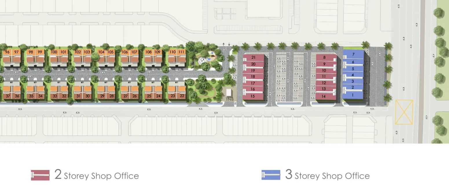 Taman Nuri Emas site plan, part 2 of 2: the remaining semi-detached lots, the play area and the shop-office lots by the main road, Nibong Tebal, Penang