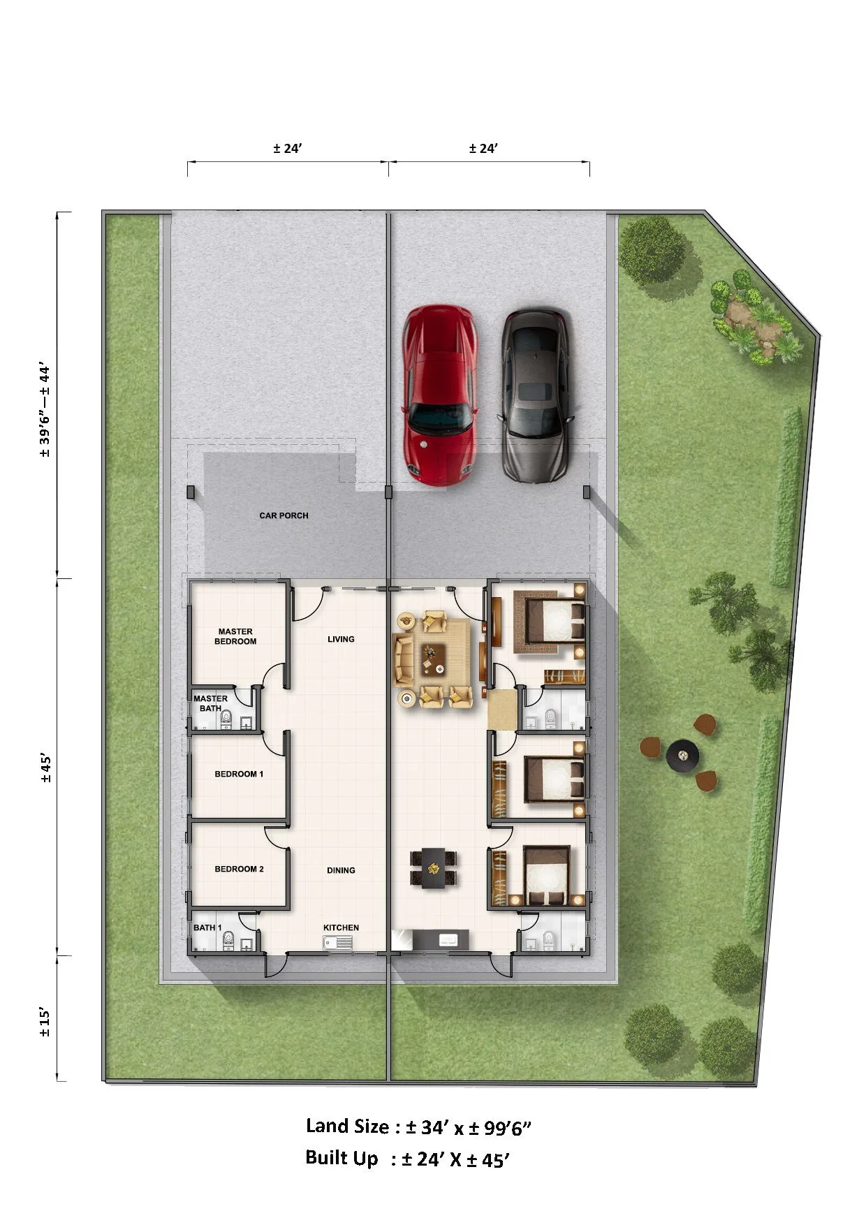 Floor plan of a pair of single-storey semi-detached houses at Taman Pelangi, Simpang Lima, Kuala Kurau, Perak: 3 bedrooms, 2 bathrooms, car porch and garden