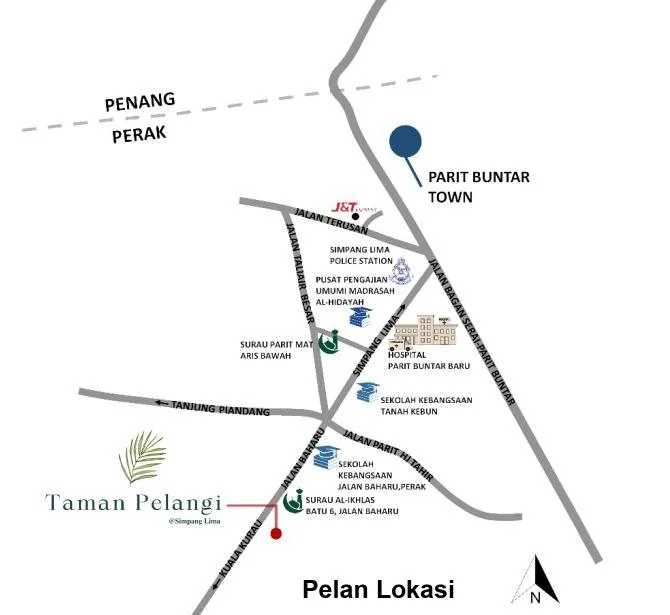 Developer's location map for Taman Pelangi at Simpang Lima, showing Parit Buntar town, Hospital Parit Buntar Baru, nearby schools and the road to Kuala Kurau, Perak